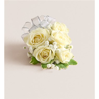 White Spray Corsage-Silver Bow